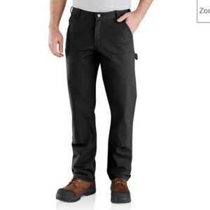 Black Carhartt relax fit  work pants with multiple pockets and double knees.